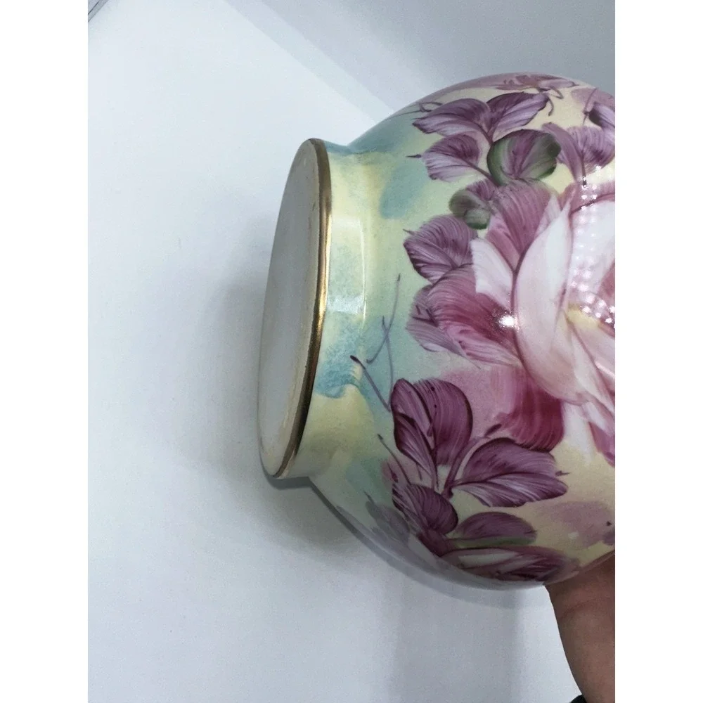 Vintage‎ Hand Painted Porcelain Floral Pitcher Ewer Gold Gilt Pink Roses 8.5